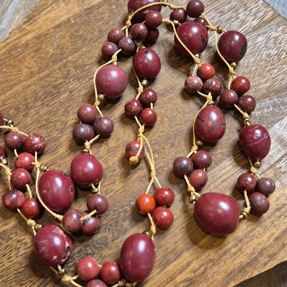 Vintage Cranberry Maroon Beaded Gold Tone Spacers Knotted Cord Long Necklace - Picture 11 of 14